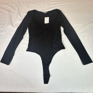 Green Envelope Ribbed Black Stretchy Bodysuit Long Sleeve Size Medium NWT